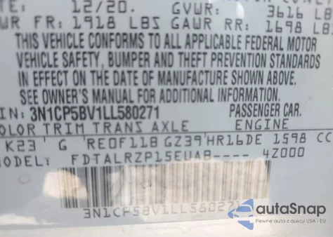 2020 Nissan Kicks S Xtronic Cvt z USA, uszkodzony, nr VIN 3N1CP5BV1LL580271